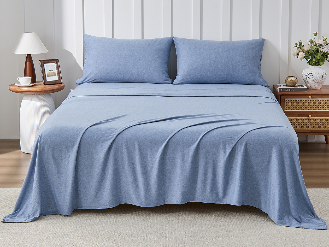 Kathy Ireland 4 Piece Heathered Jersey Knit Cotton Sheet Set (Queen/Light Blue)