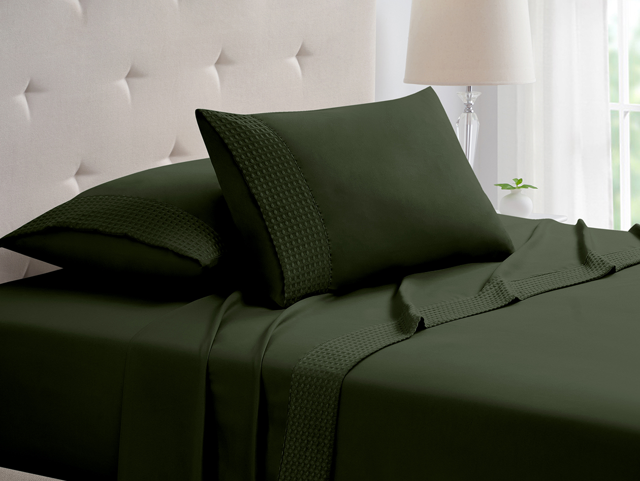 4-Piece Bamboo Blend Waffle Hem Sheet Set (Hunter Green/Full)