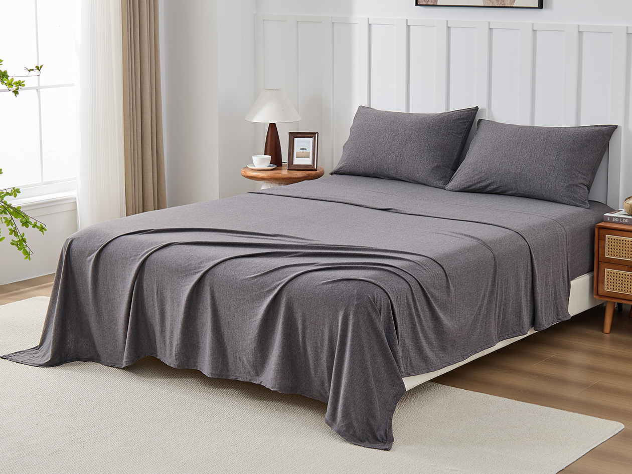 Kathy Ireland 4 Piece Heathered Jersey Knit Cotton Sheet Set (Queen/Dark Gray)