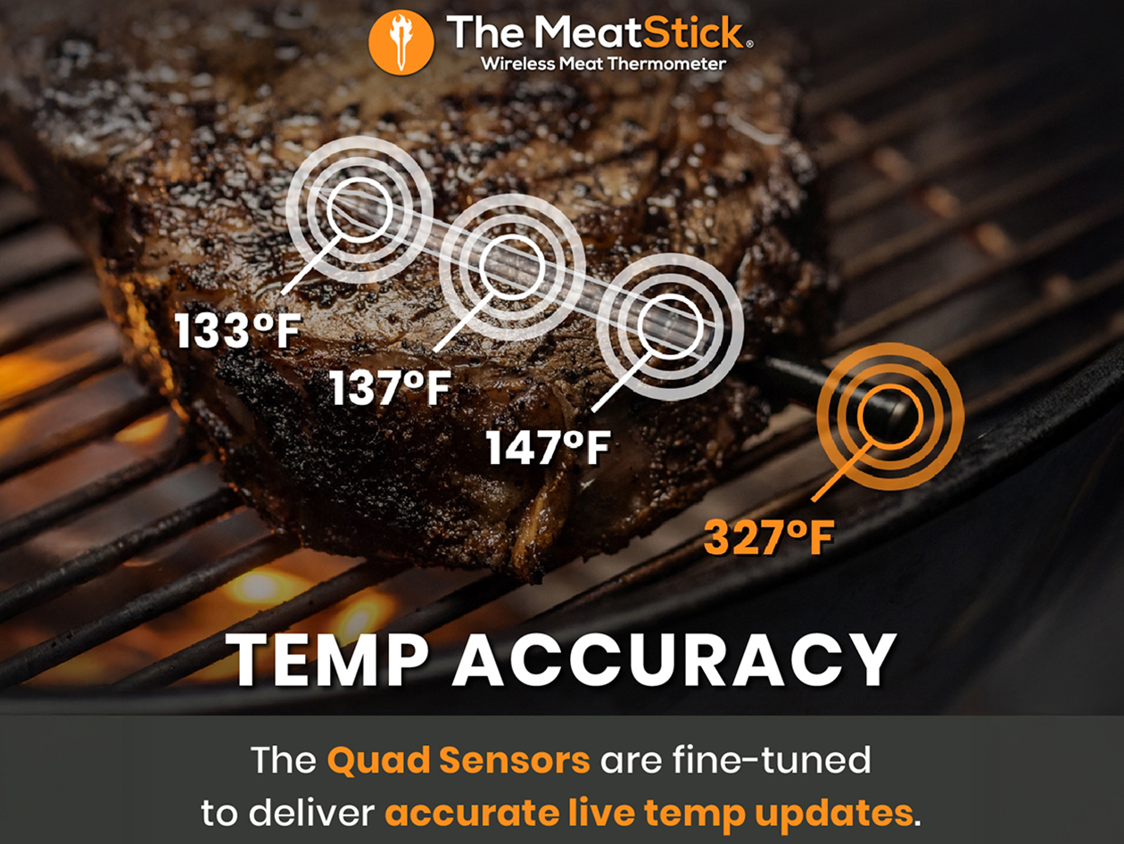 MeatStick 4 Wireless Meat Thermometer Set with Quad Sensors & 70-Hour Battery for Grills & Smokers