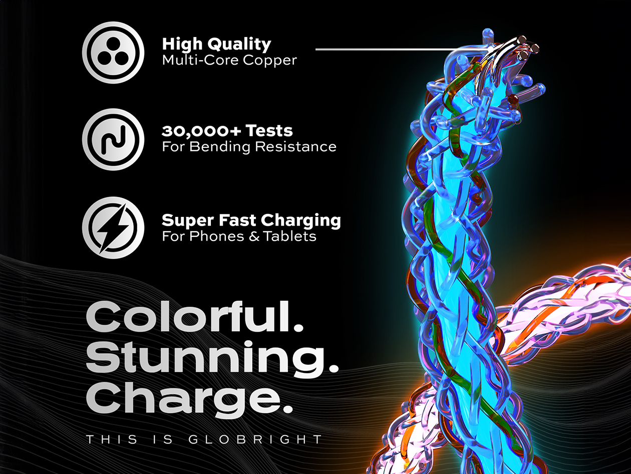 Statik® GloBright® 100W Fast Charge USB-C Braided LED Cables (4-Pack)
