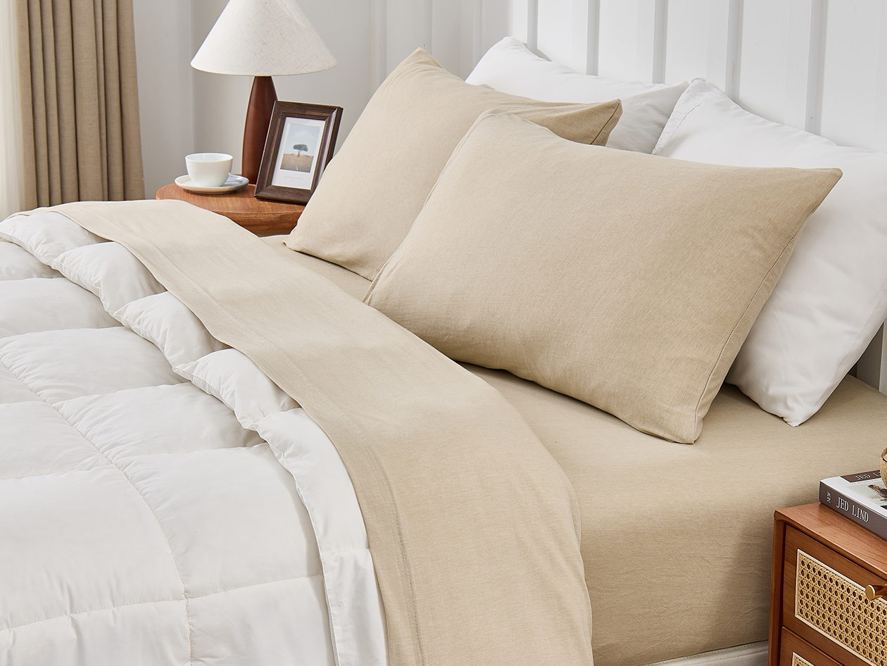 Kathy Ireland 4 Piece Heathered Jersey Knit Cotton Sheet Set (King/Oatmeal)