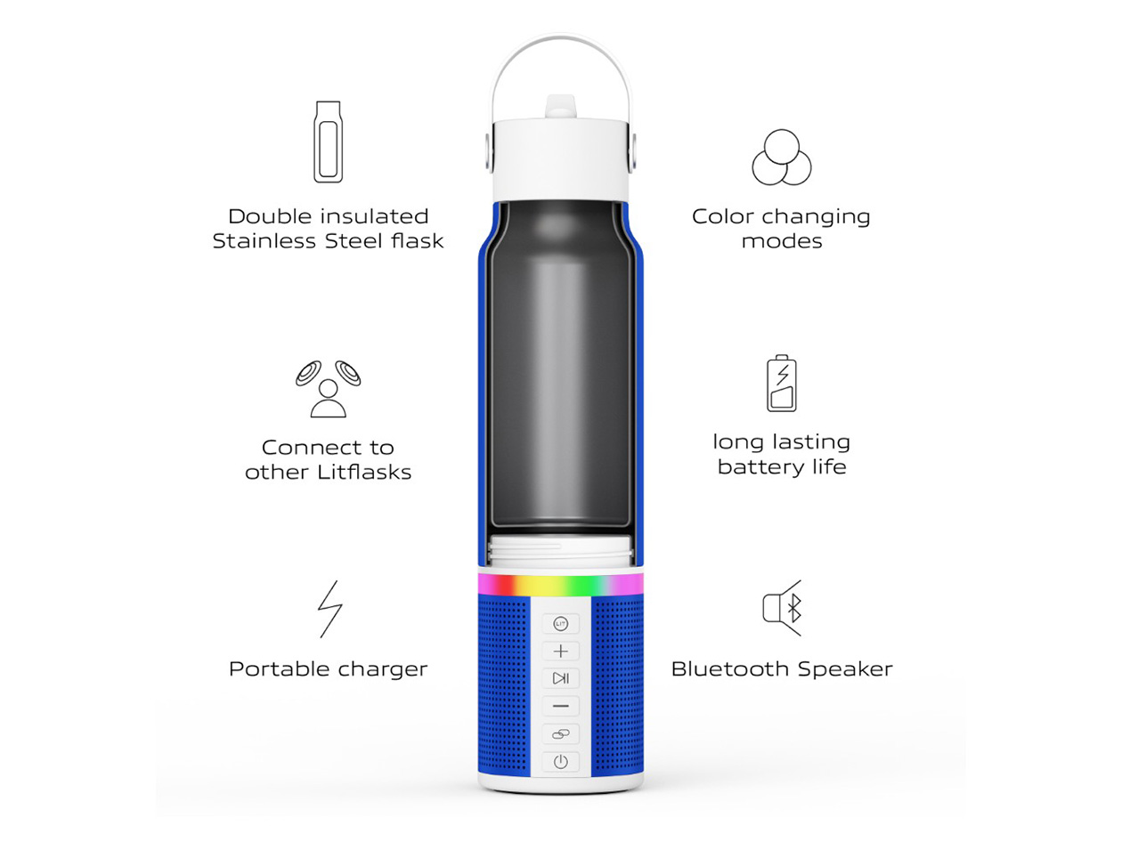 LitFlask 3-in-1 Smart Water Bottle, Bluetooth Speaker & Power Bank with Lights (Blue)