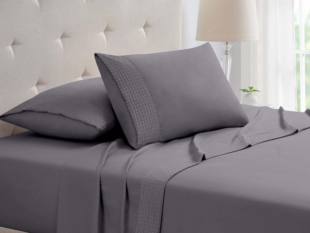 4-Piece Bamboo Blend Waffle Hem Sheet Set (Gray/Queen)