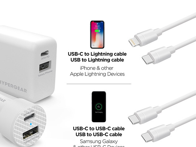Hypergear 20W USB-C PD + 12W Wall & Car Charger Bundle