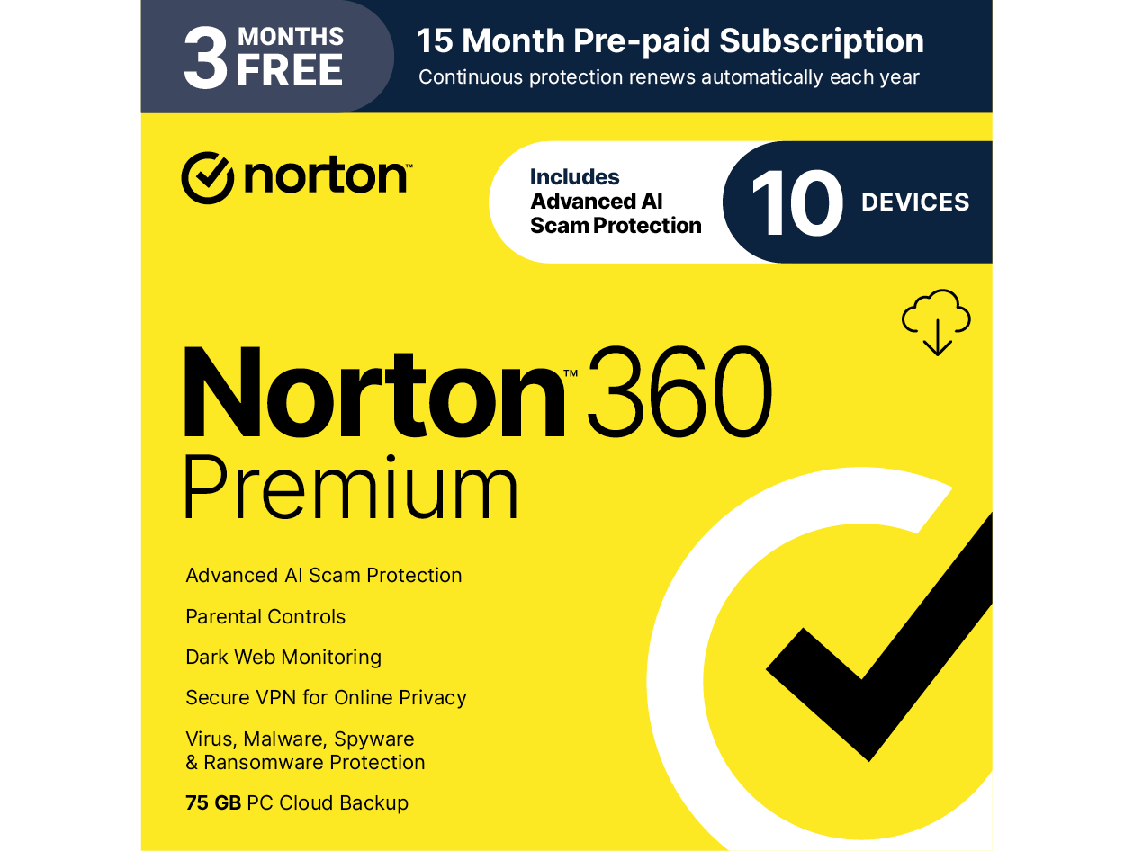 Norton 360 Premium: 75GB Cloud PC Backup for 10 Devices (15-Month Subscription)