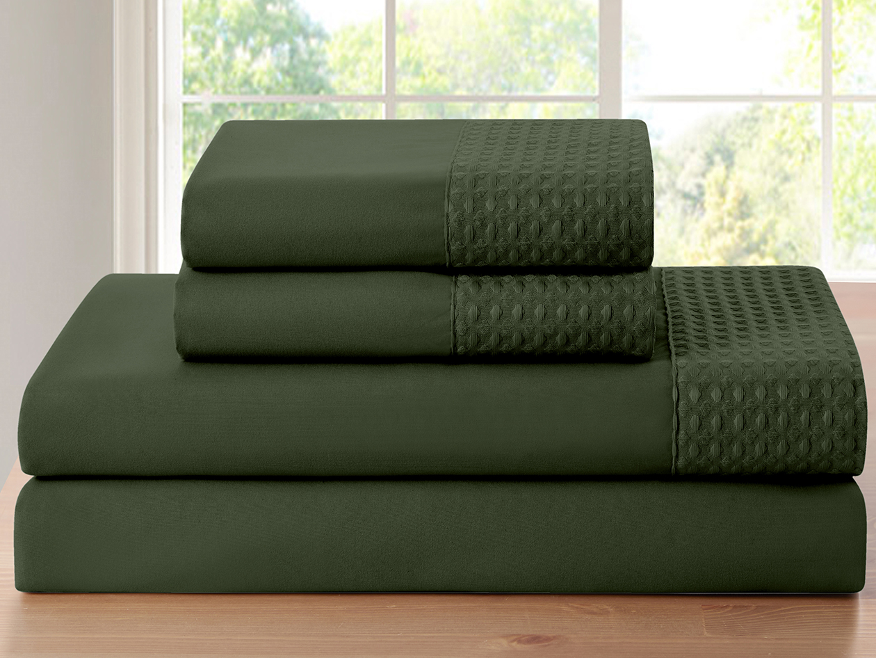 4-Piece Bamboo Blend Waffle Hem Sheet Set (Hunter Green/Full)