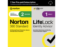 Norton 360 Standard (2 Device) w/ LifeLock Identity Advisor – Includes Antivirus Software, VPN, and Identity Theft Restoration Support - 1 Year Subscription