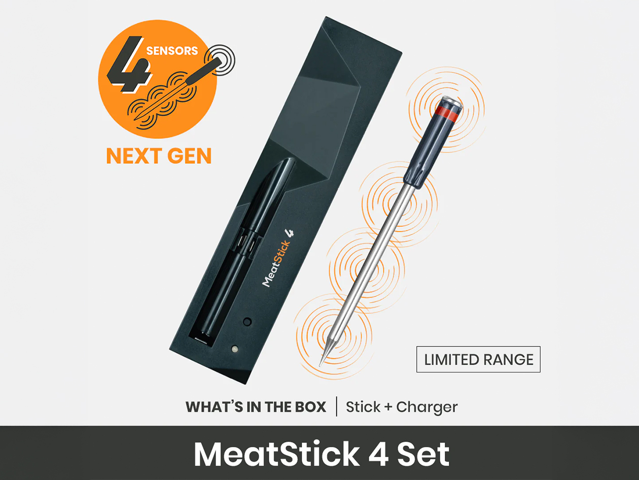 MeatStick 4 Wireless Meat Thermometer Set with Quad Sensors & 70-Hour Battery for Grills & Smokers