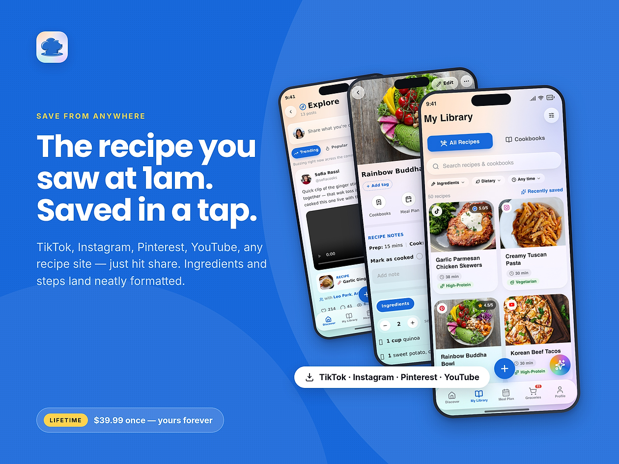 ReciBites - Recipe Organizer, AI Meal Planner & Grocery Lists: Lifetime Subscription